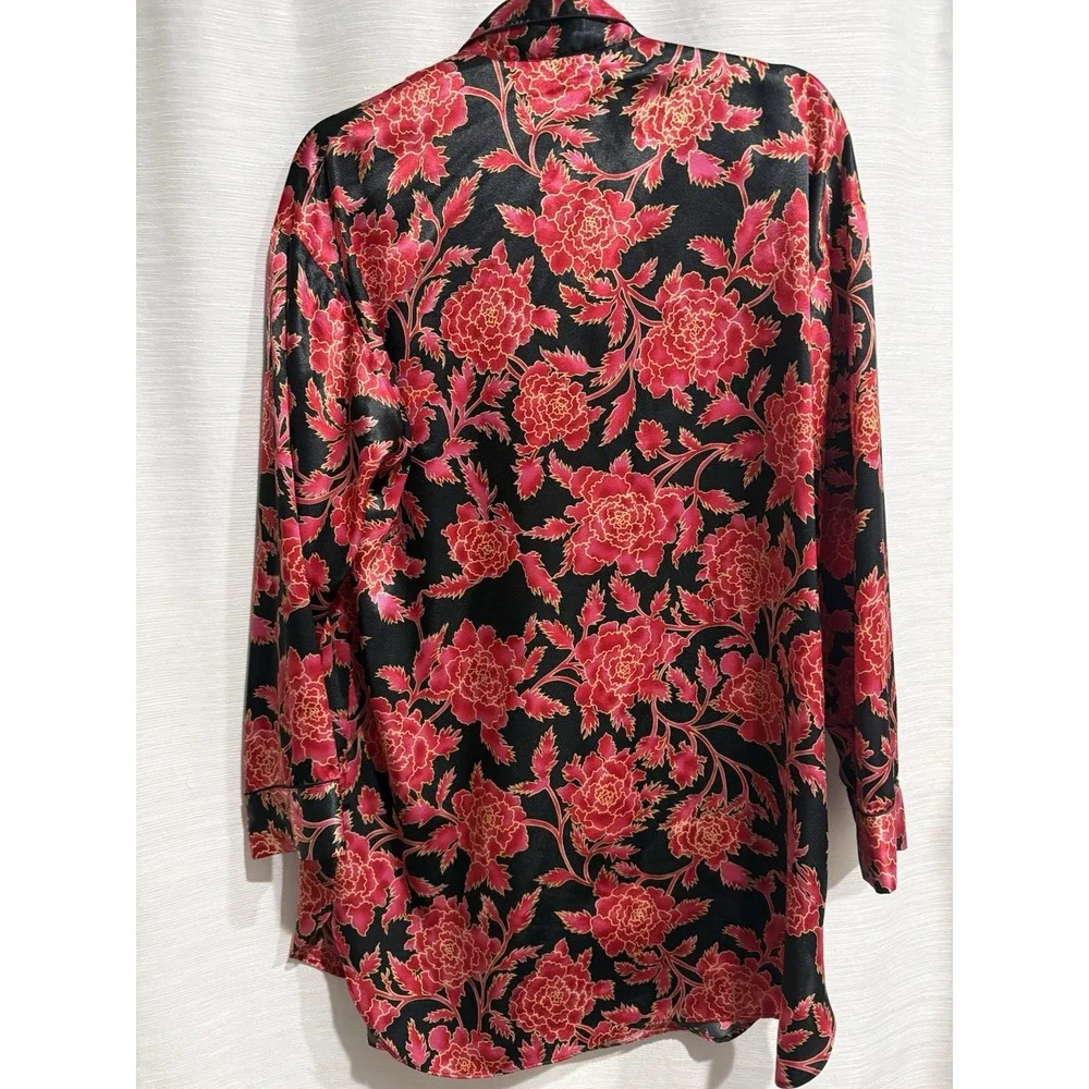 Vintage Gold Label Victoria Secret Button Down Red Floral Black Semisheer Sz M